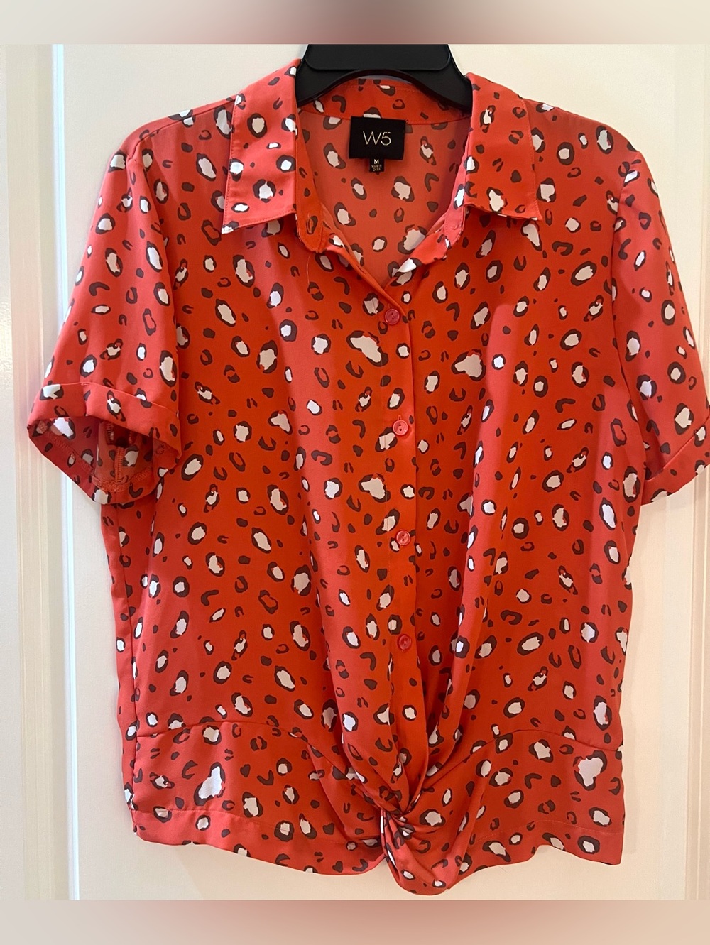 W5 Coral Red Leopard Print Tie-Front Blouse